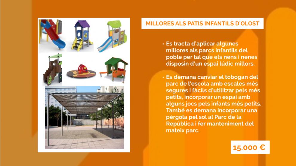 Fer millores als Parcs Infantils i instal·lar una zona d’escalada al pati del Centre Cívic, nous projectes guanyadors dels Pressupostos Participatius d’Olost, que s’han d’executar el 2019